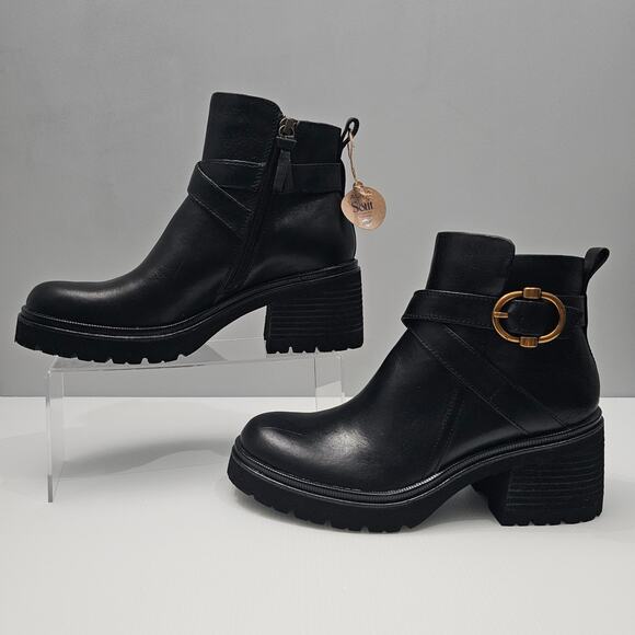 Sofft Jenine Ankle Bootie Womens 8.5 Black Leather Moto Lug Sole Block Heel - Picture 2 of 16